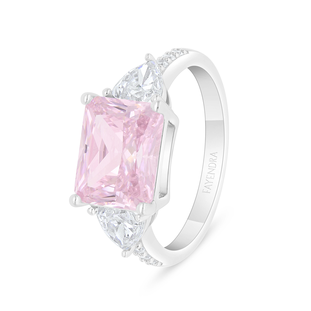 Sterling Silver 925 Ring Rhodium Plated Embedded With Pink Zircon And White Zircon