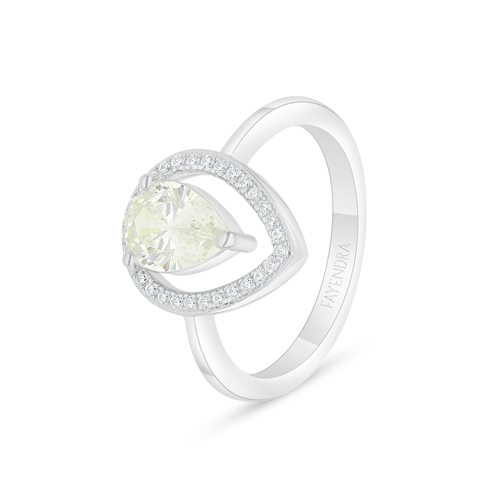 Sterling Silver 925 Ring Rhodium Plated  Embedded With Yellow Diamond And White Zircon