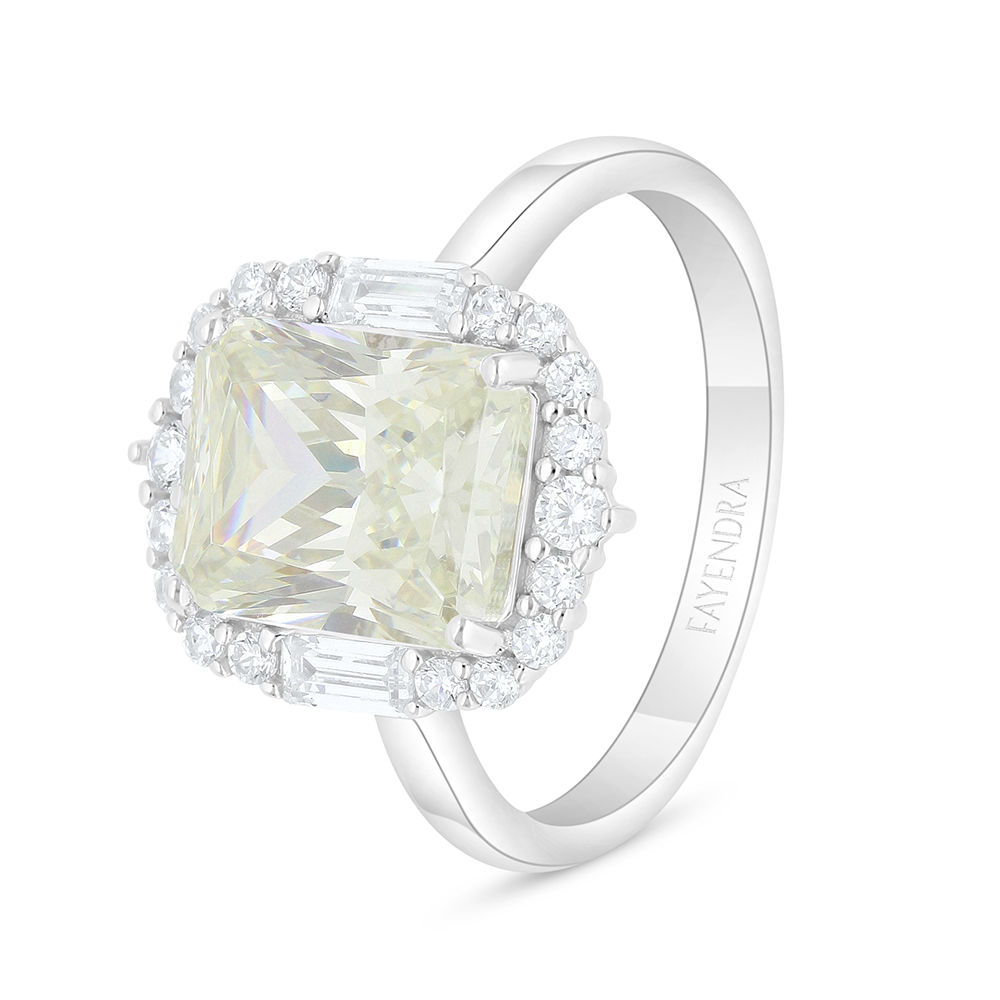 Sterling Silver 925 Ring Rhodium Plated  Embedded With Yellow Diamond And White Zircon