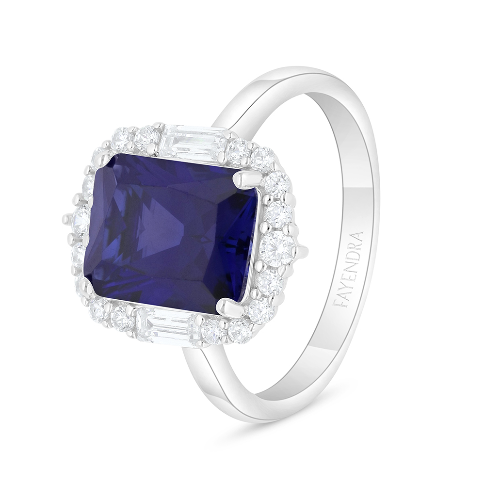Sterling Silver 925 Ring Rhodium Plated Embedded With Sapphire Corundum And White Zircon