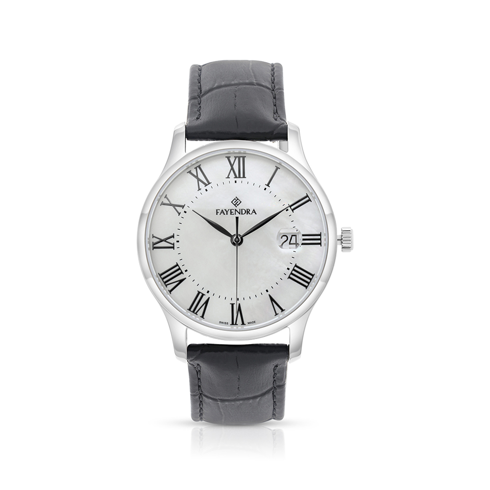 ساعة رجالي ستانلس ستيل عيار 316 بلون فضي جلد اسود WHITE DIAL