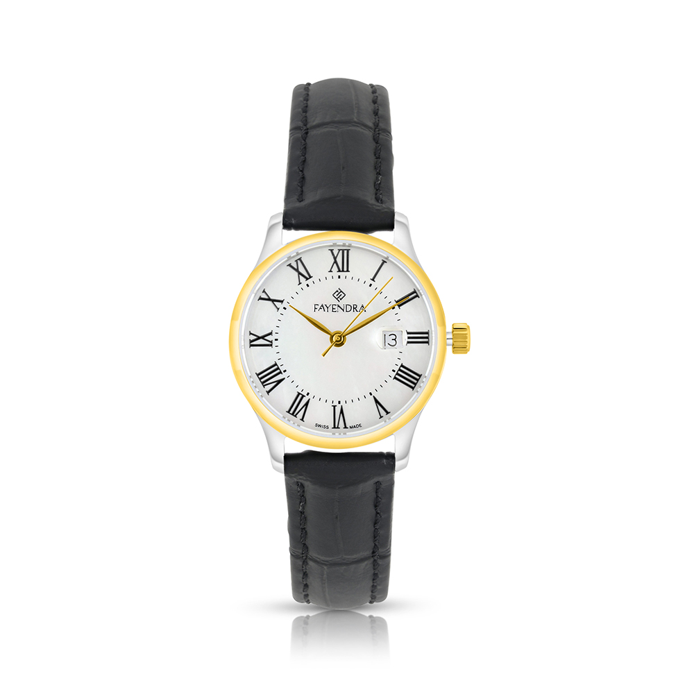 Stainless Steel 316 Watch Silver And Golden Color Embedded With Black Leather - WHITE DIAL