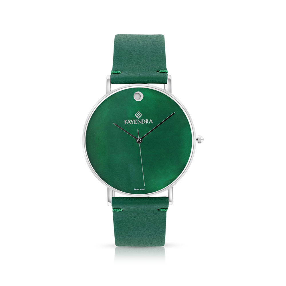 ساعة رجالي ستانلس ستيل عيار 316 بلون فضي جلد أخضر GREEN DIAL