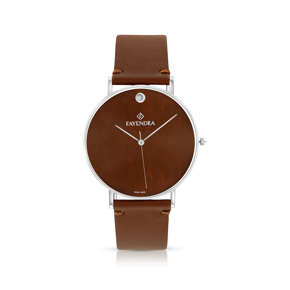 Stainless Steel 316 Watch Silver Color Embedded With Brown Leather For Men - BROWN DIAL