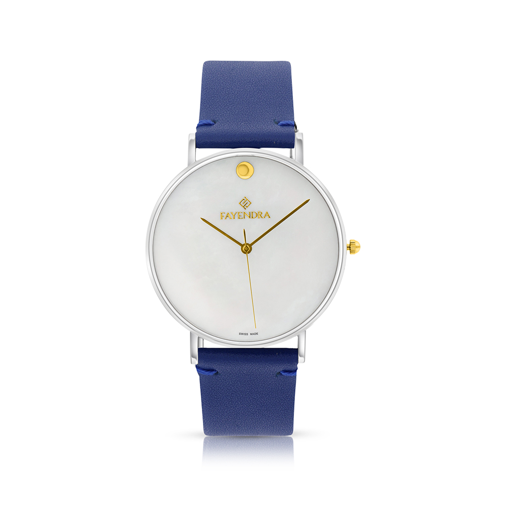 Stainless Steel 316 Watch Silver Color Embedded With Blue Leather For Men - WHITE DIAL