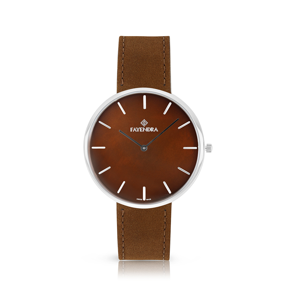 ساعة رجالي ستانلس ستيل عيار 316 بلون فضي جلد بني BROWN DIAL