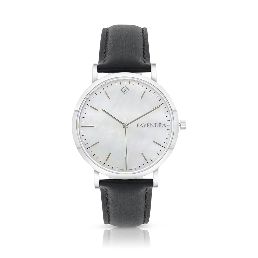 ساعة رجالي ستانلس ستيل عيار 316 بلون فضي جلد اسود WHITE DIAL