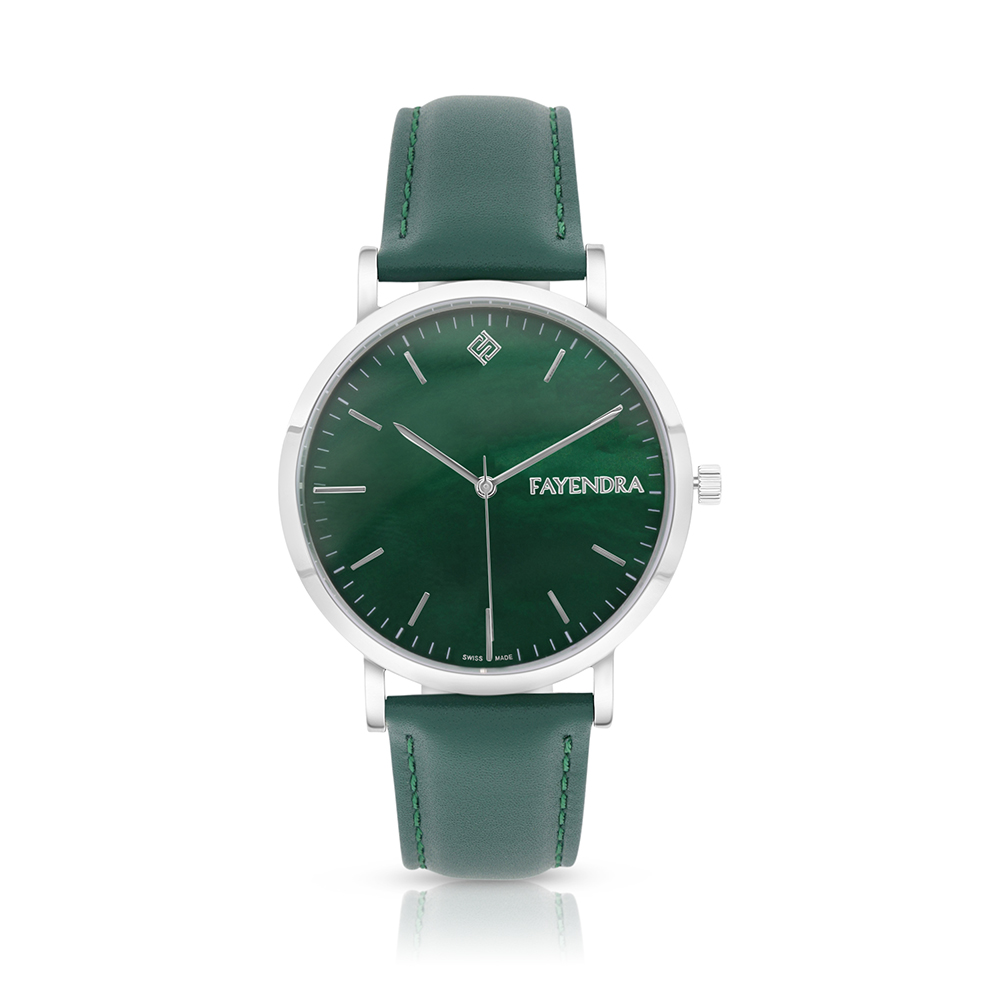 ساعة رجالي ستانلس ستيل عيار 316 بلون فضي جلد أخضر GREEN DIAL