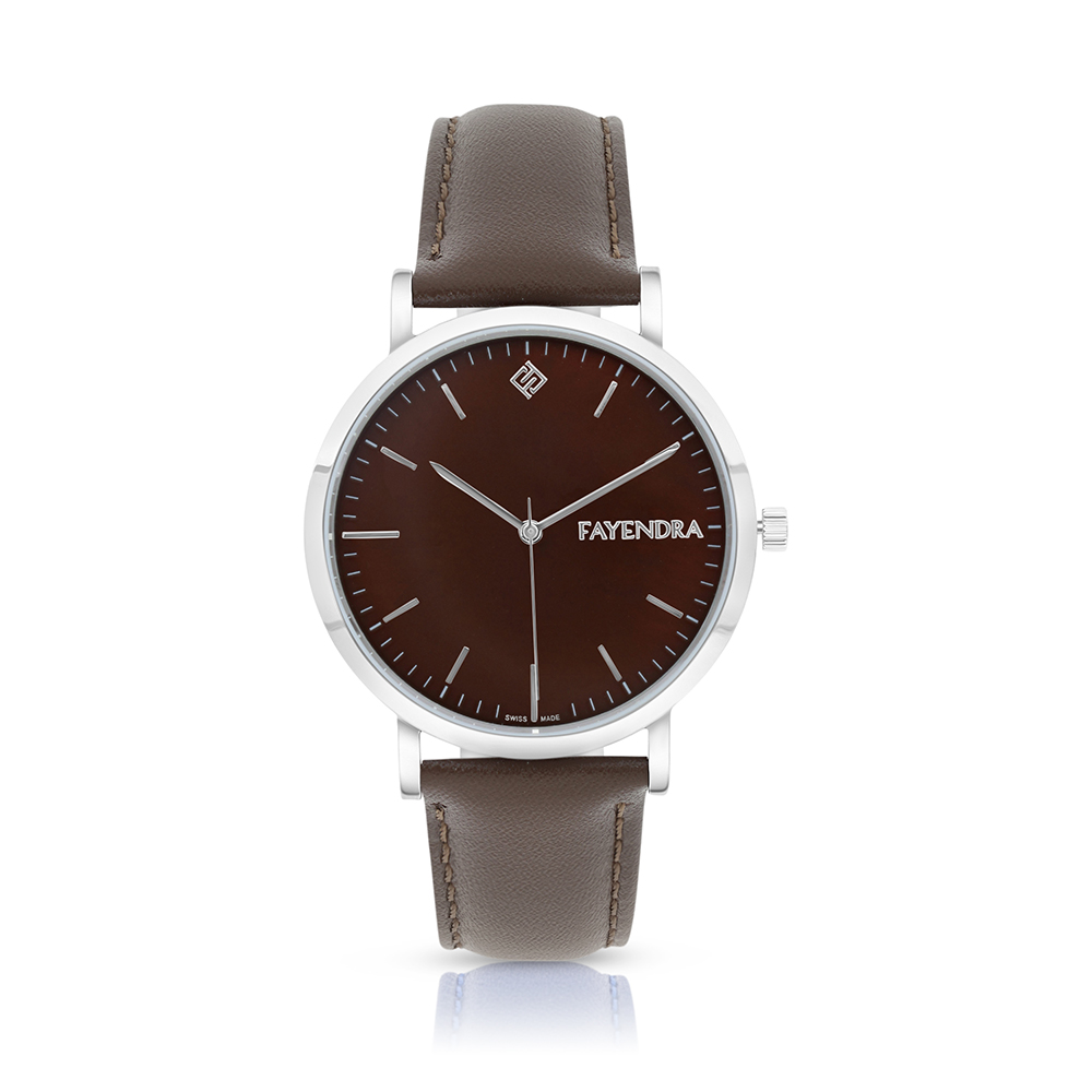 Stainless Steel 316 Watch Silver Color Embedded With Brown Leather For Men - BROWN DIAL