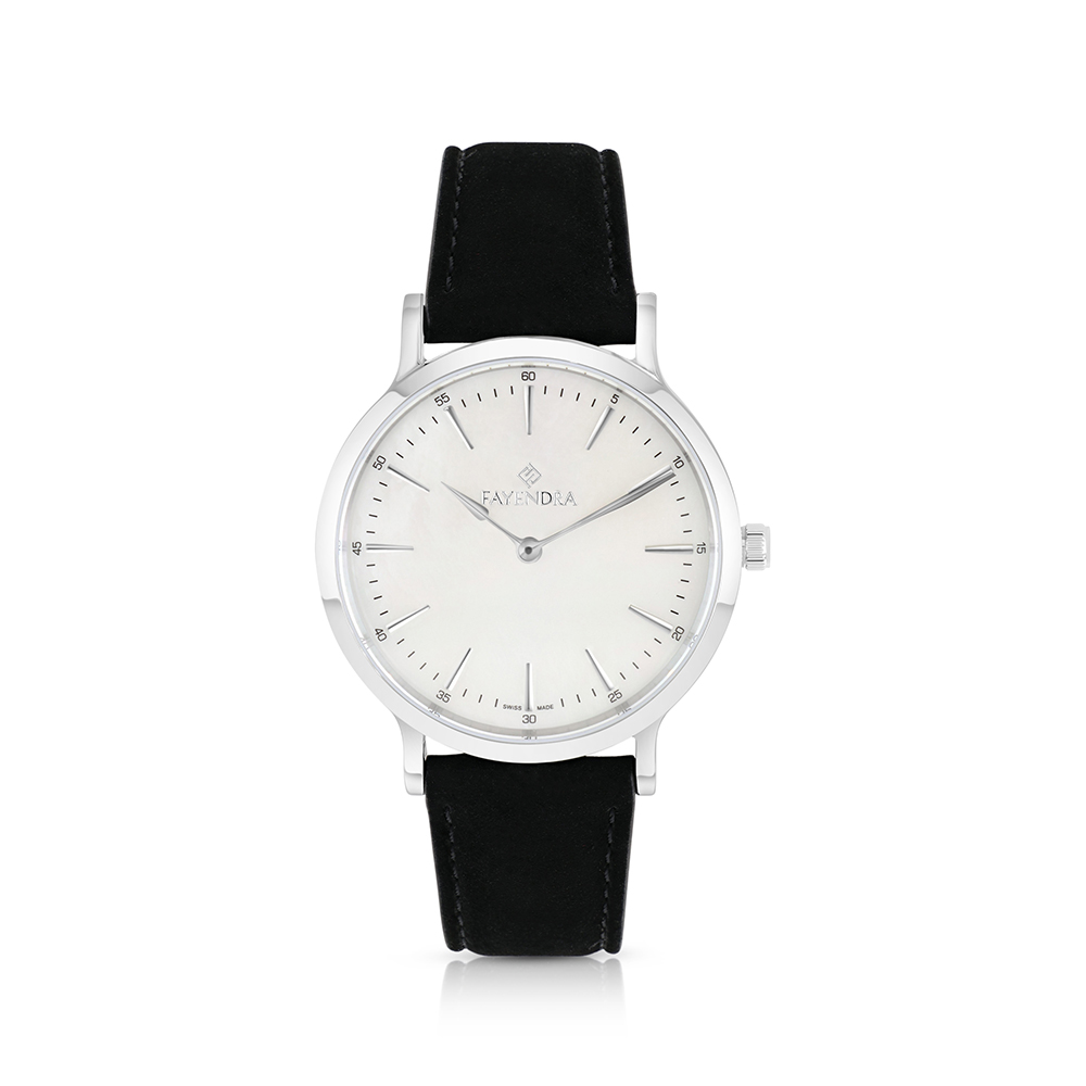 ساعة رجالي ستانلس ستيل عيار 316 بلون فضي جلد اسود WHITE DIAL