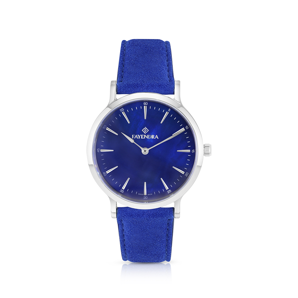 ساعة رجالي ستانلس ستيل عيار 316 بلون فضي جلد أزرق BLUE DIAL