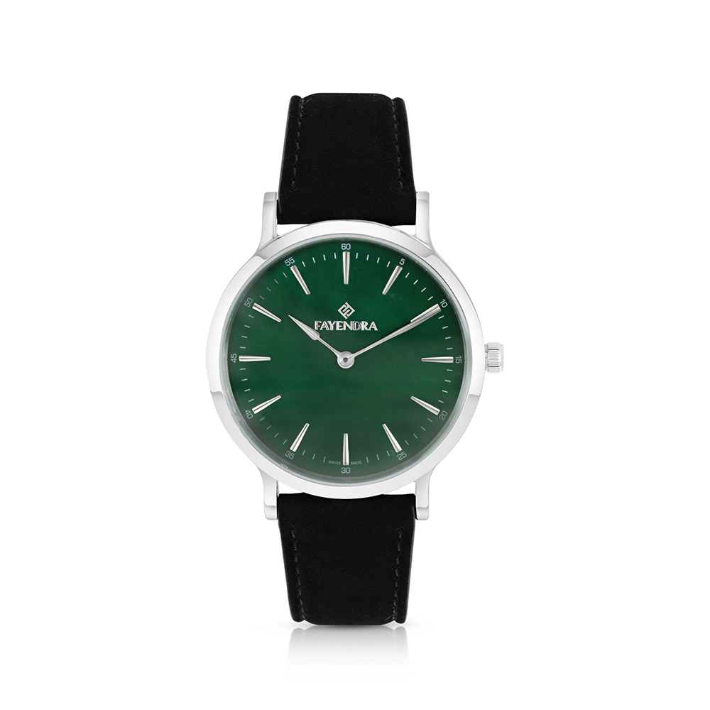 ساعة رجالي ستانلس ستيل عيار 316 بلون فضي جلد اسود GREEN DIAL