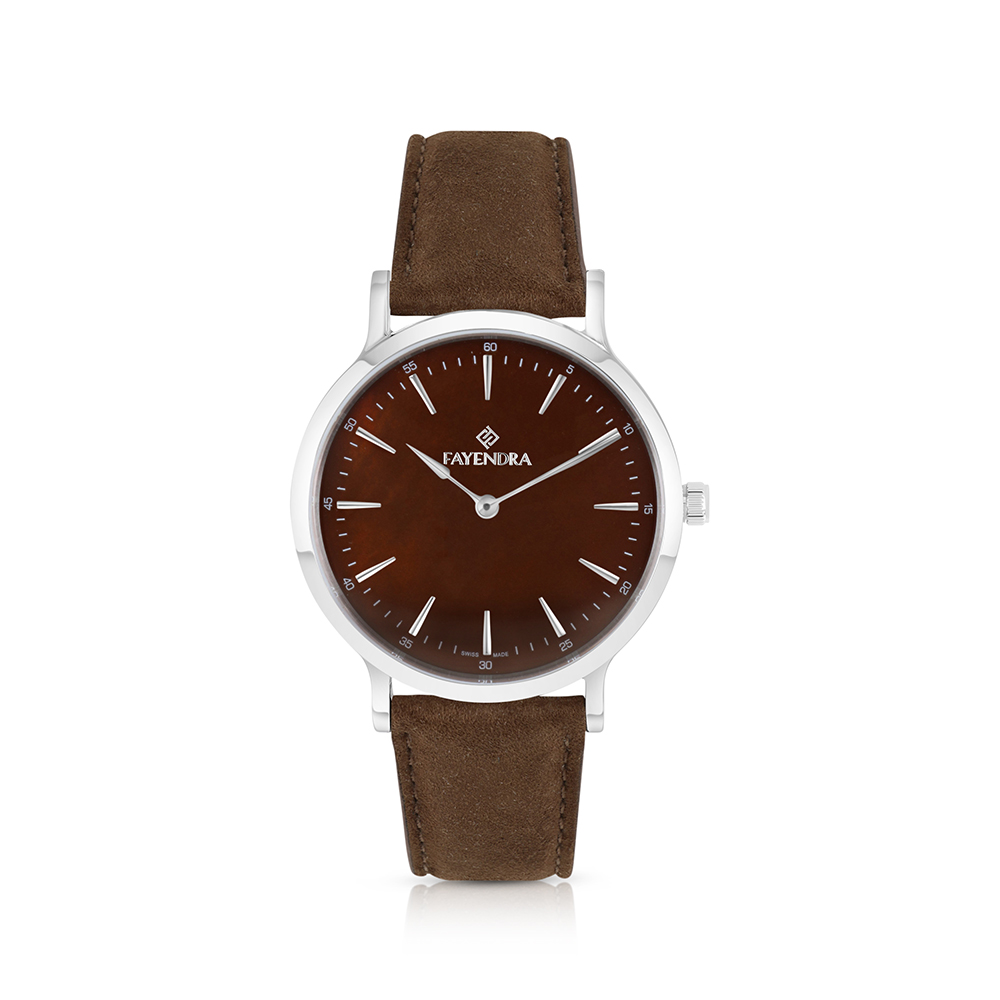 ساعة رجالي ستانلس ستيل عيار 316 بلون فضي جلد بني BROWN DIAL