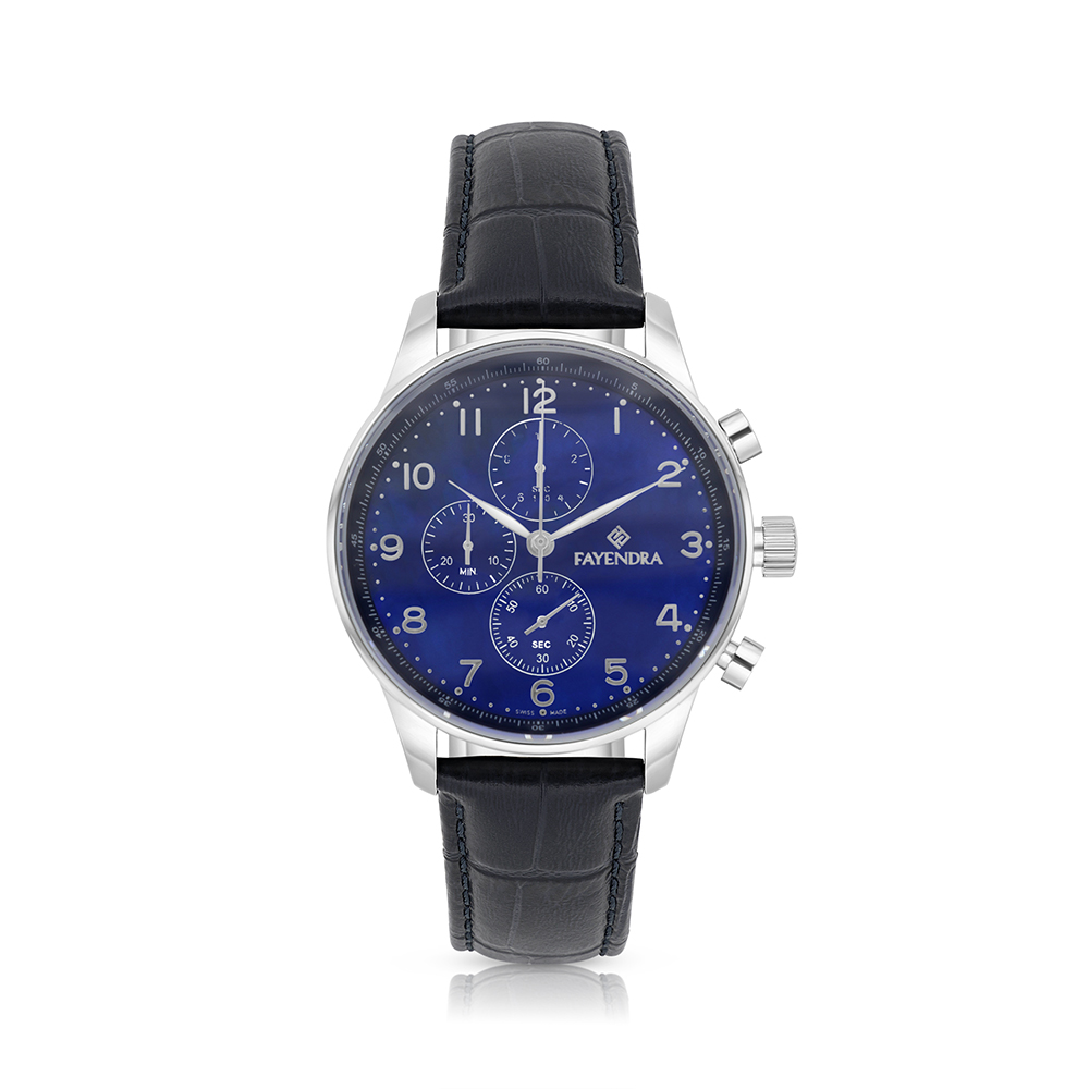 ساعة رجالي ستانلس ستيل عيار 316 بلون فضي جلد أزرق BLUE DIAL