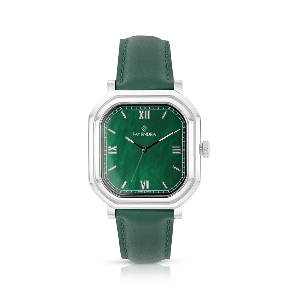 ساعة رجالي ستانلس ستيل عيار 316 بلون فضي جلد أخضر GREEN DIAL