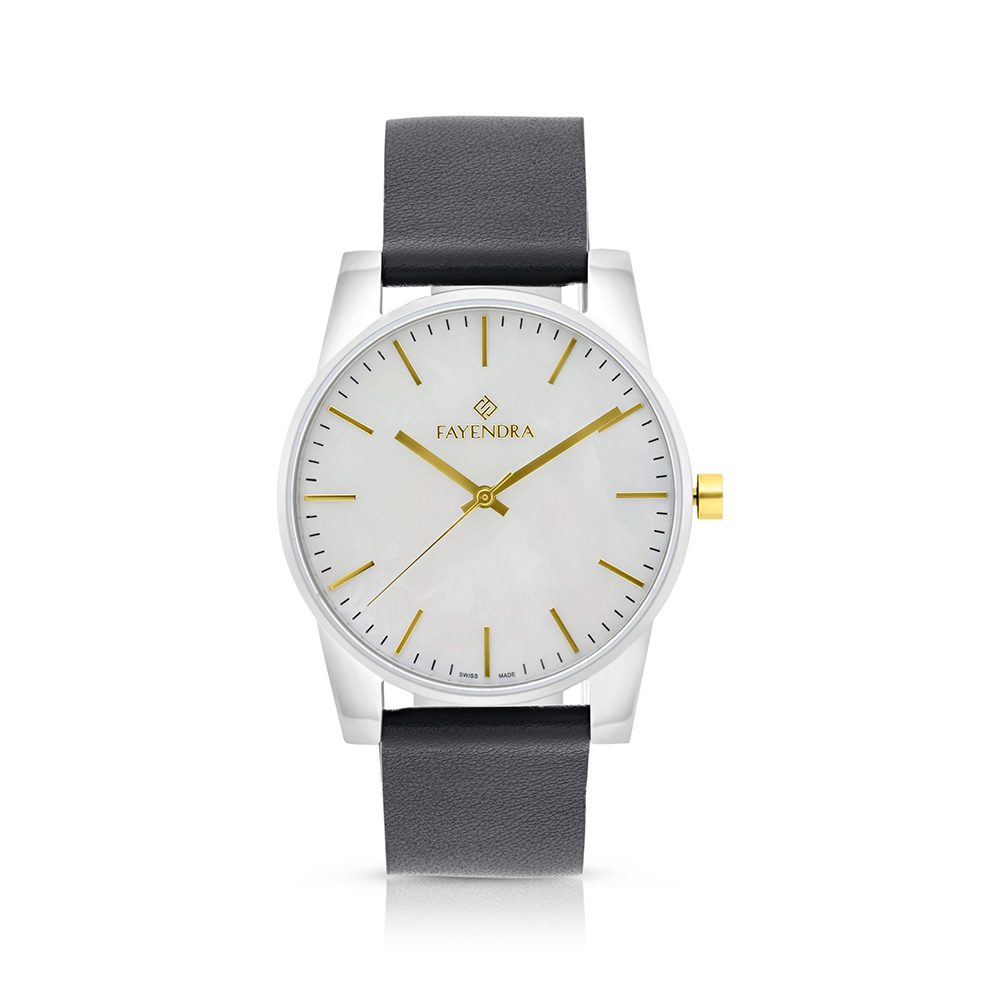 Stainless Steel 316 Watch Silver And Rose Gold Color Embedded With Black Leather For Men - WHITE MOP DIAL