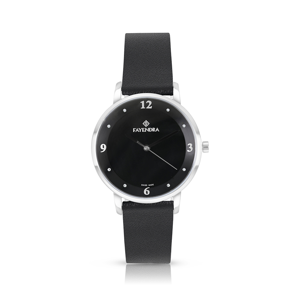 ساعة ستانلس ستيل عيار 316 بلون فضي جلد اسود BLACK DIAL