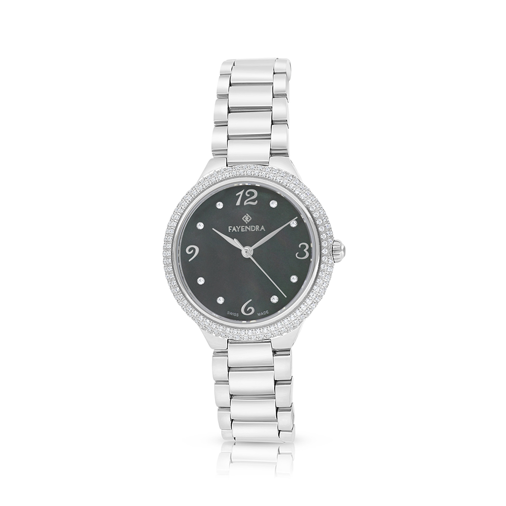 Stainless Steel 316L Watch Silver Color With White Zircon - black MOP dial 