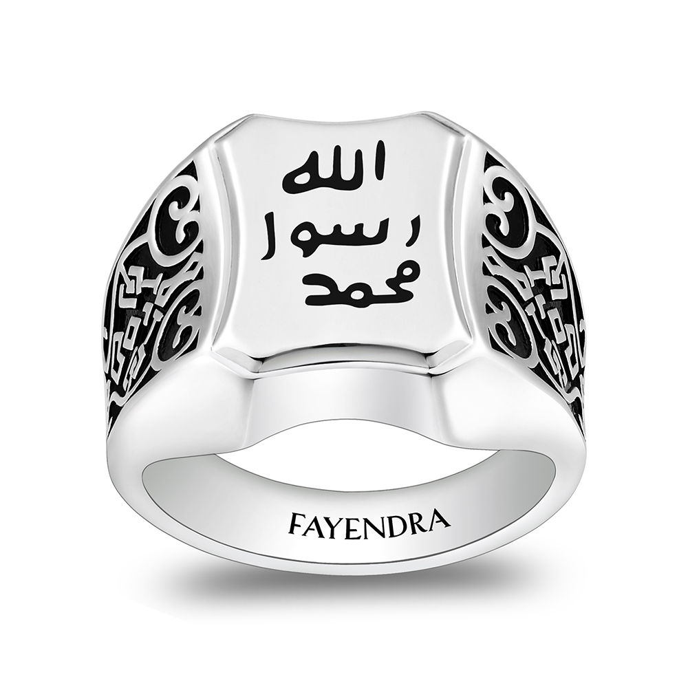 Sterling Silver 925 Islamic Ring Rhodium And Black Plated For Men 