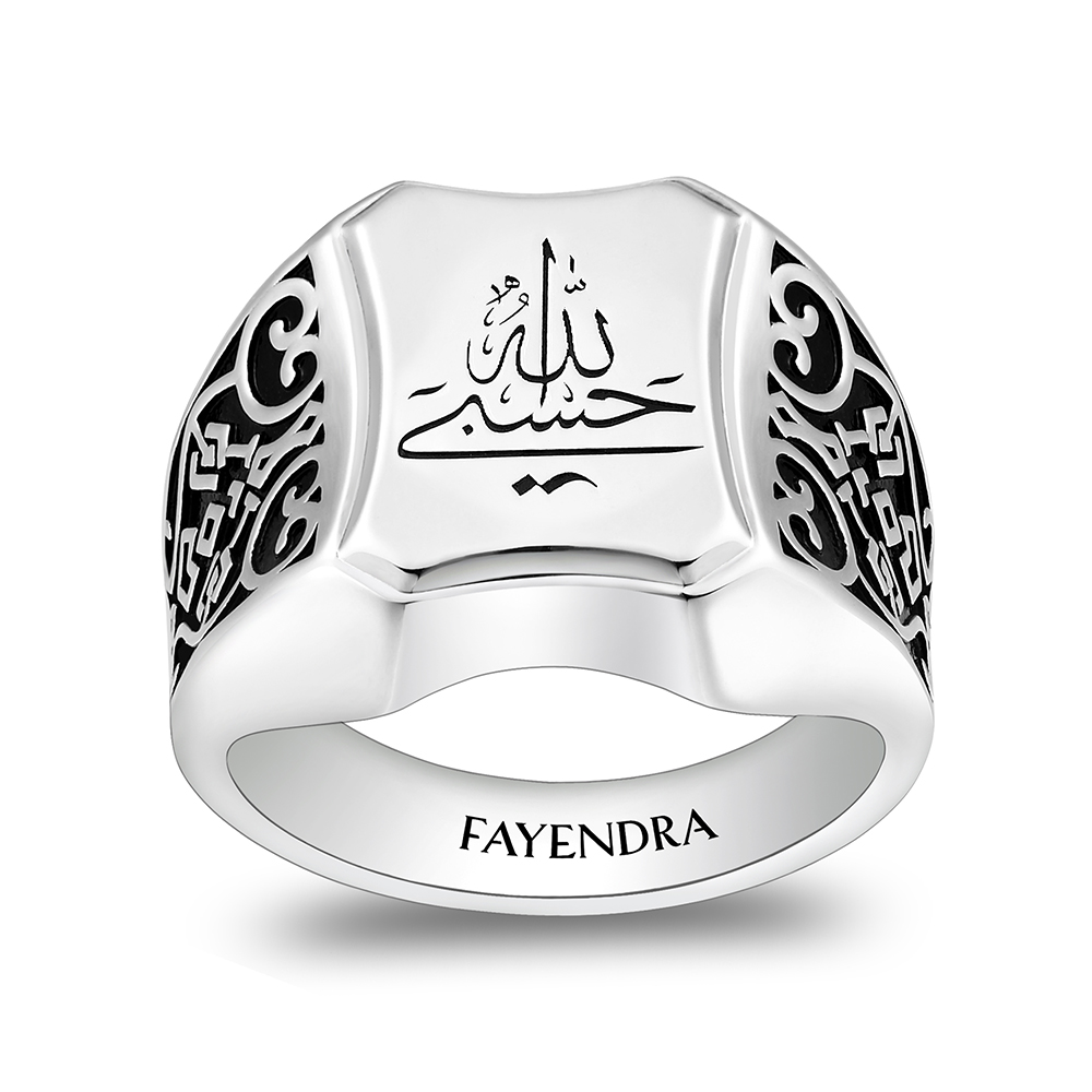 Sterling Silver 925 Islamic Ring Rhodium And Black Plated For Men 