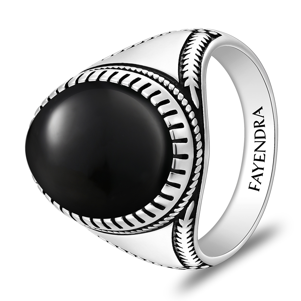 Sterling Silver 925 Ring Rhodium And Black Plated Embedded With Natural Black Agate Cabochon For Men