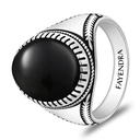 Sterling Silver 925 Ring Rhodium And Black Plated Embedded With Natural Black Agate Cabochon For Men