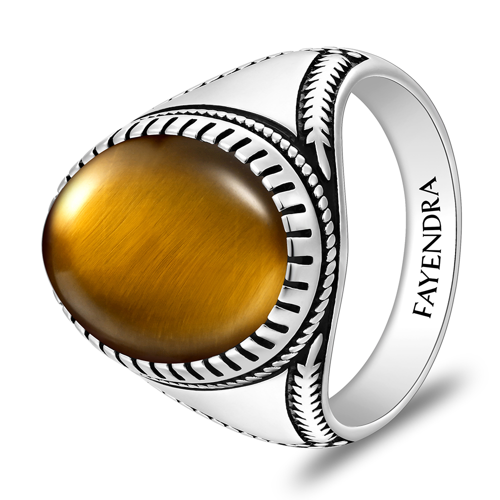 Sterling Silver 925 Ring Rhodium And Black Plated Embedded With Yellow Tiger Eye Cabochon For Men