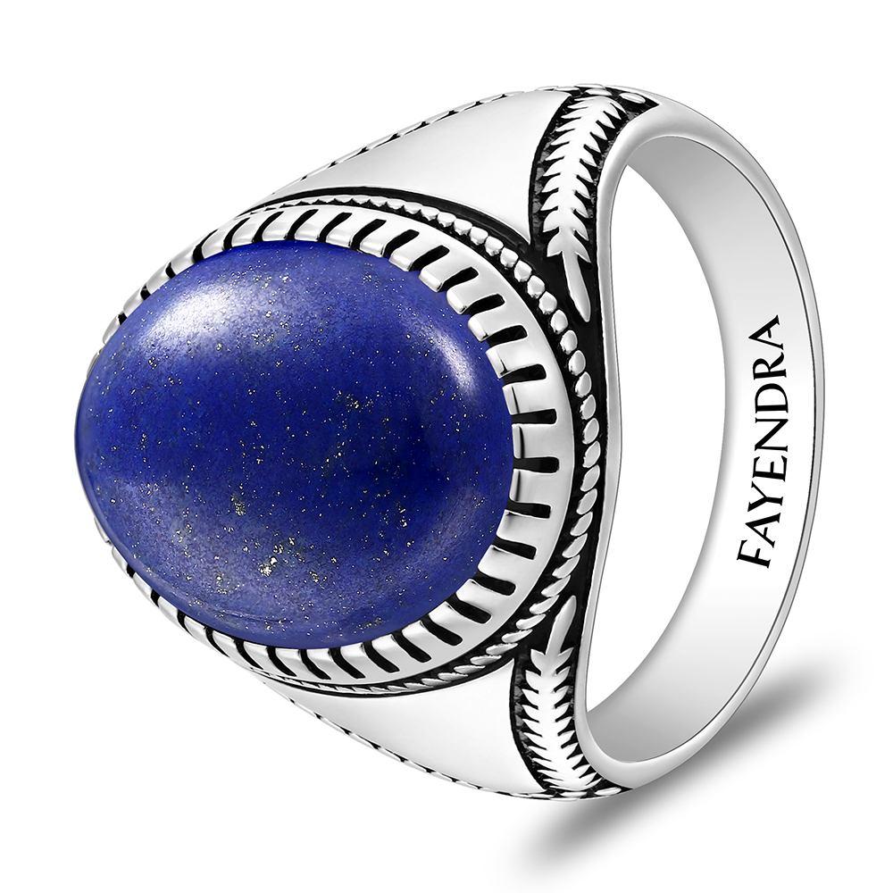 Sterling Silver 925 Ring Rhodium And Black Plated Embedded With Lapis Cabochon For Men