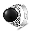 Sterling Silver 925 Ring Rhodium And Black Plated Embedded With Natural Black Agate Cabochon For Men