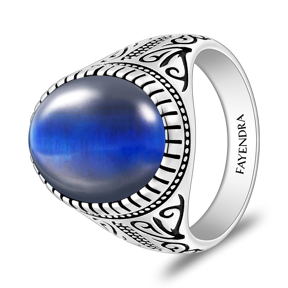 Sterling Silver 925 Ring Rhodium And Black Plated Embedded With Blue Tiger Eye Cabochon For Men