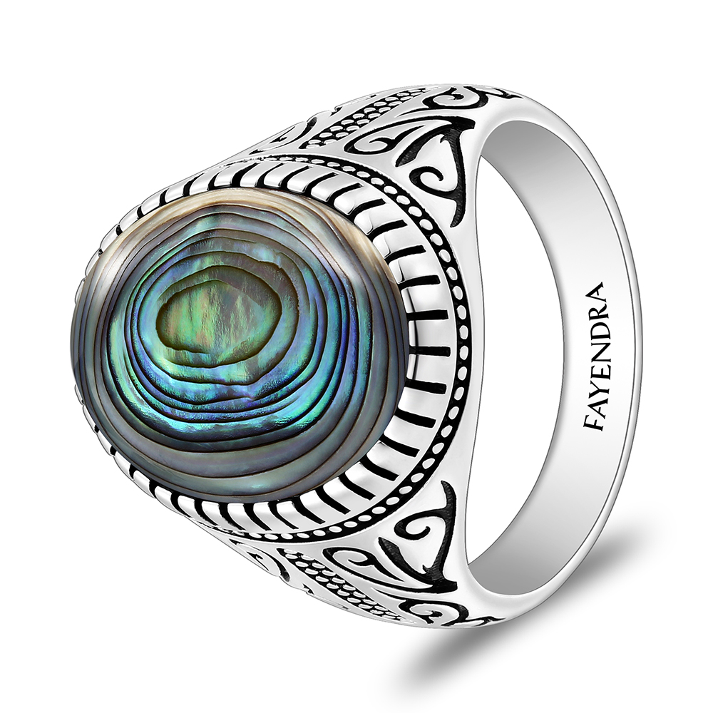 Sterling Silver 925 Ring Rhodium And Black Plated Embedded With Blue Shell Cabochon For Men