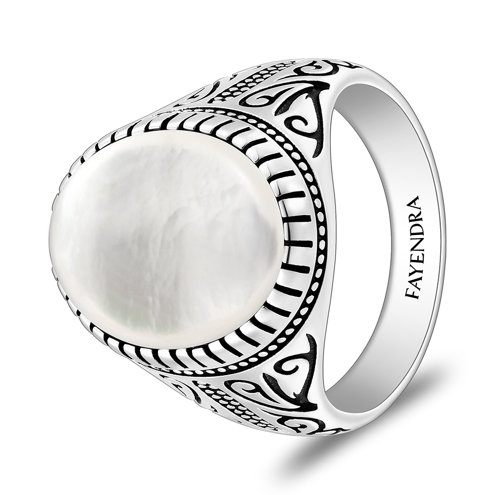 Sterling Silver 925 Ring Rhodium And Black Plated Embedded With White Shell Cabochon For Men