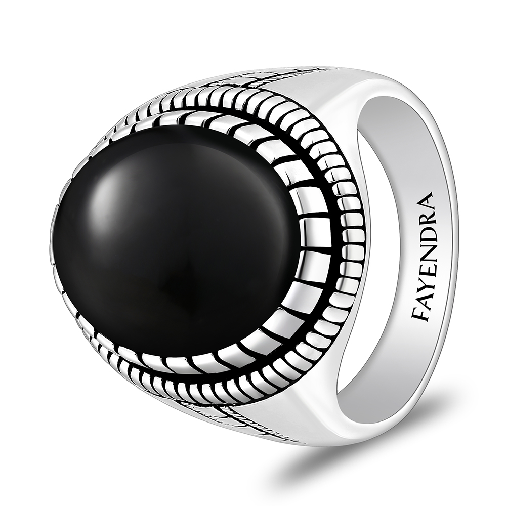 Sterling Silver 925 Ring Rhodium And Black Plated Embedded With Natural Black Agate Cabochon For Men