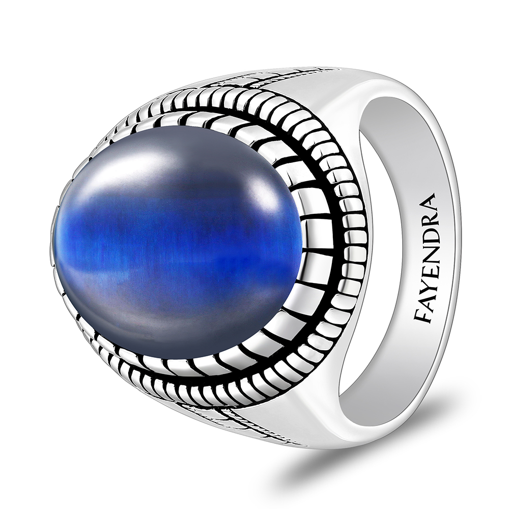 Sterling Silver 925 Ring Rhodium And Black Plated Embedded With Blue Tiger Eye Cabochon For Men
