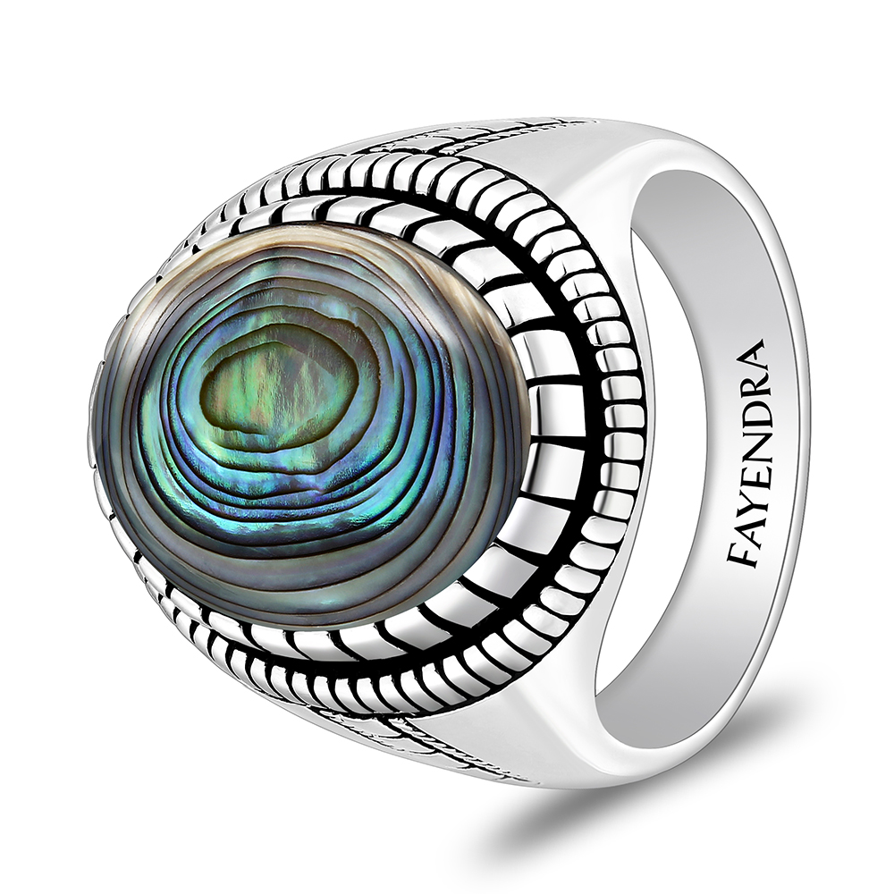 Sterling Silver 925 Ring Rhodium And Black Plated Embedded With Blue Shell Cabochon For Men