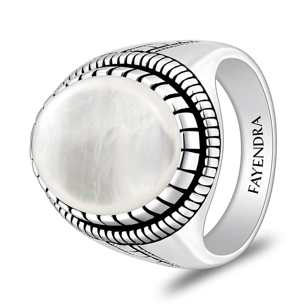 Sterling Silver 925 Ring Rhodium And Black Plated Embedded With White Shell Cabochon For Men