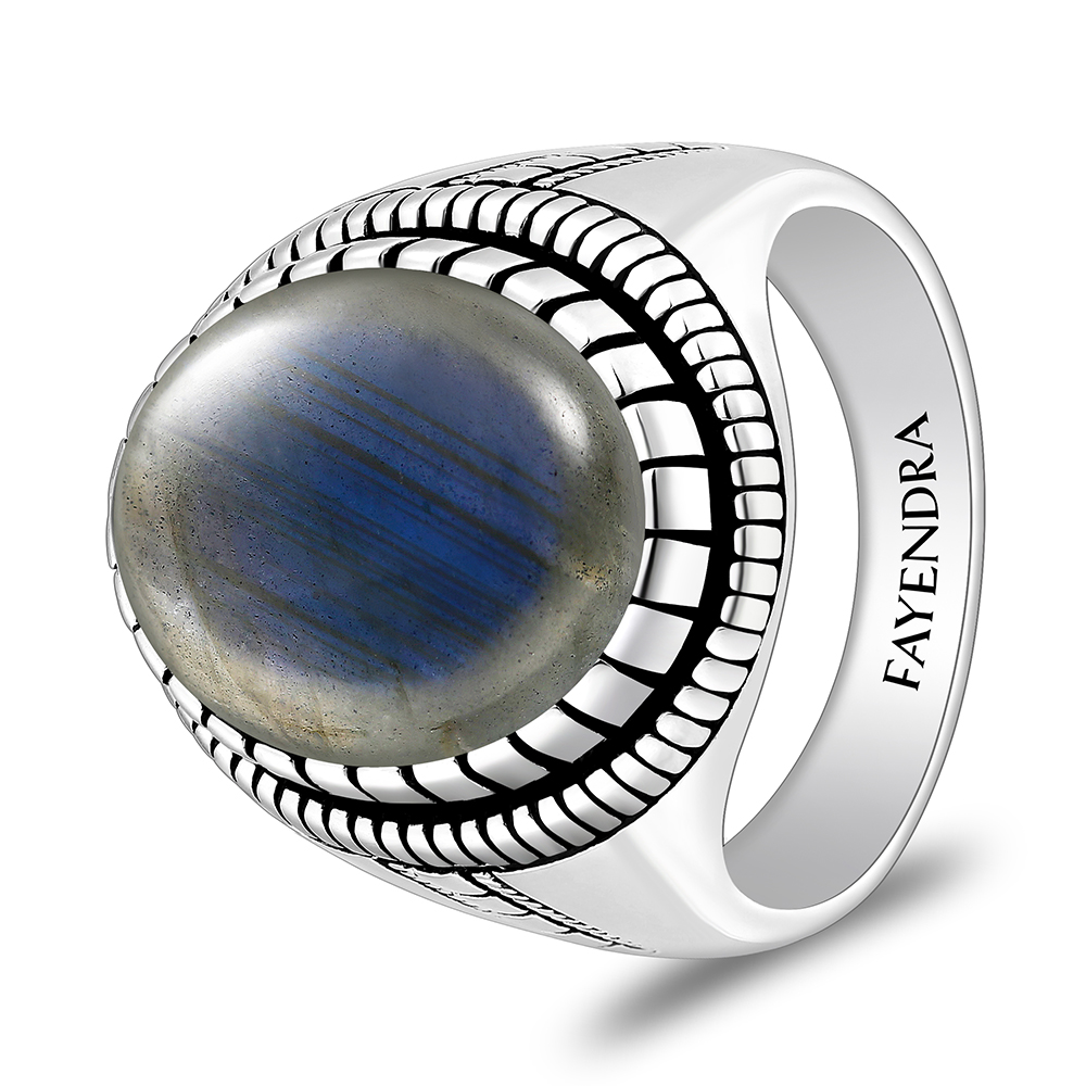 Sterling Silver 925 Ring Rhodium And Black Plated Embedded With Labradorite Opal Cabochon For Men