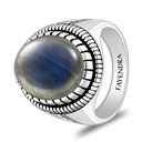 Sterling Silver 925 Ring Rhodium And Black Plated Embedded With Labradorite Opal Cabochon For Men