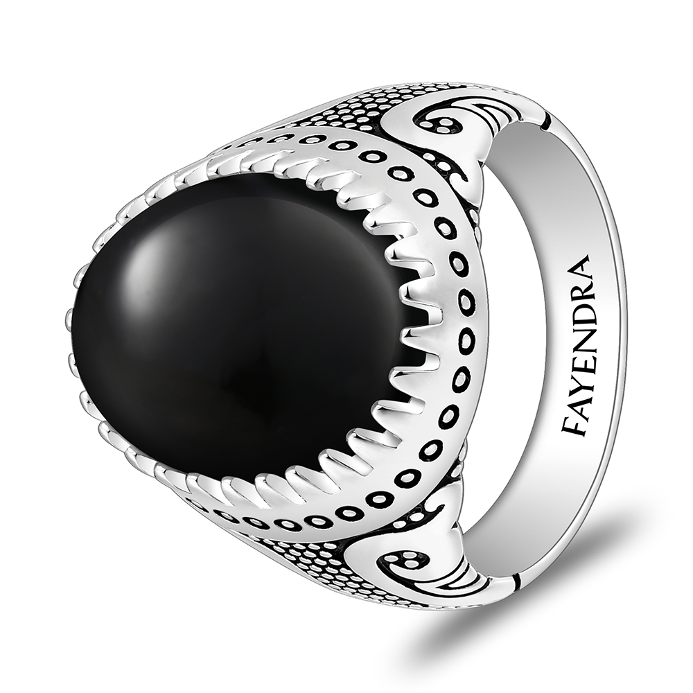 Sterling Silver 925 Ring Rhodium And Black Plated Embedded With Natural Black Agate Cabochon For Men