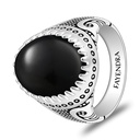 Sterling Silver 925 Ring Rhodium And Black Plated Embedded With Natural Black Agate Cabochon For Men