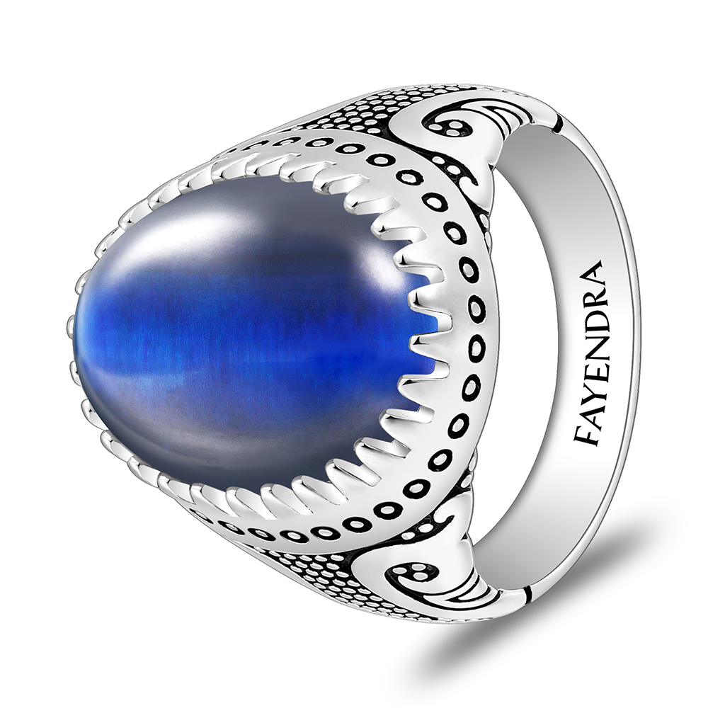 Sterling Silver 925 Ring Rhodium And Black Plated Embedded With Blue Tiger Eye Cabochon For Men