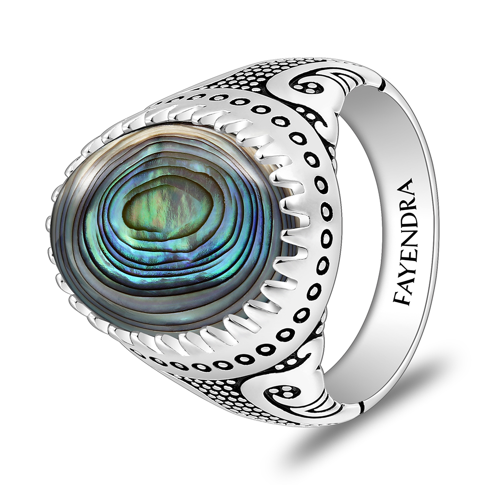 Sterling Silver 925 Ring Rhodium And Black Plated Embedded With Blue Shell Cabochon For Men