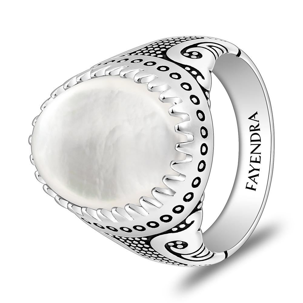 Sterling Silver 925 Ring Rhodium And Black Plated Embedded With White Shell Cabochon For Men