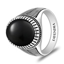 Sterling Silver 925 Ring Rhodium And Black Plated Embedded With Natural Black Agate Cabochon For Men