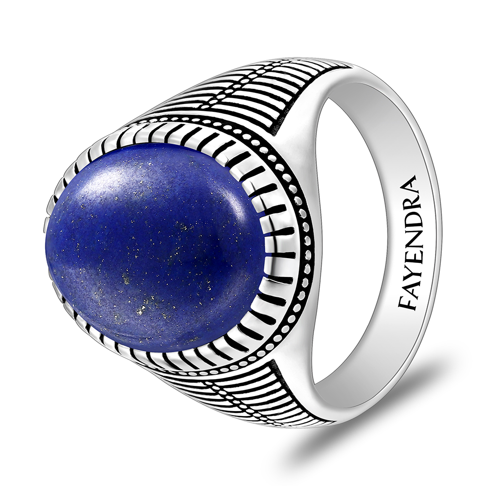 Sterling Silver 925 Ring Rhodium And Black Plated Embedded With Lapis Cabochon For Men