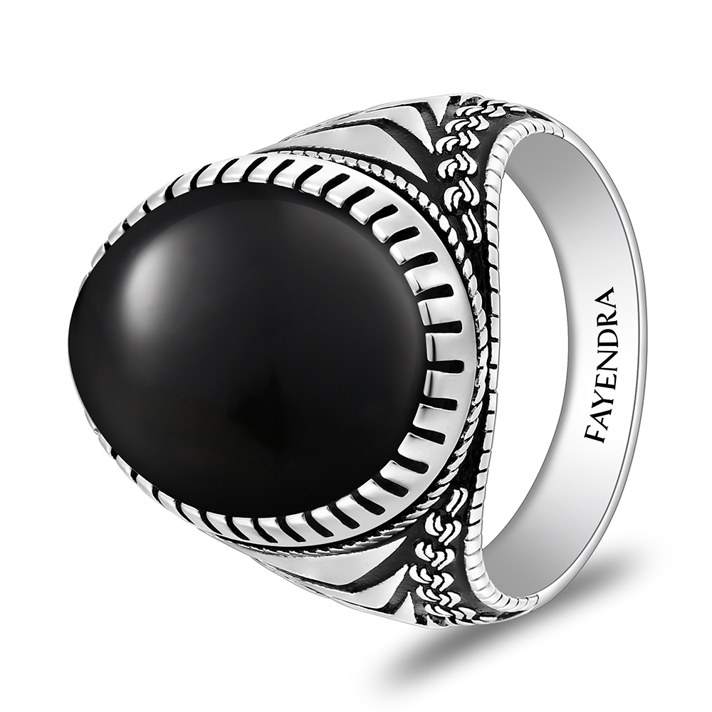 Sterling Silver 925 Ring Rhodium And Black Plated Embedded With Natural Black Agate Cabochon For Men