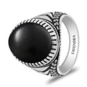 Sterling Silver 925 Ring Rhodium And Black Plated Embedded With Natural Black Agate Cabochon For Men
