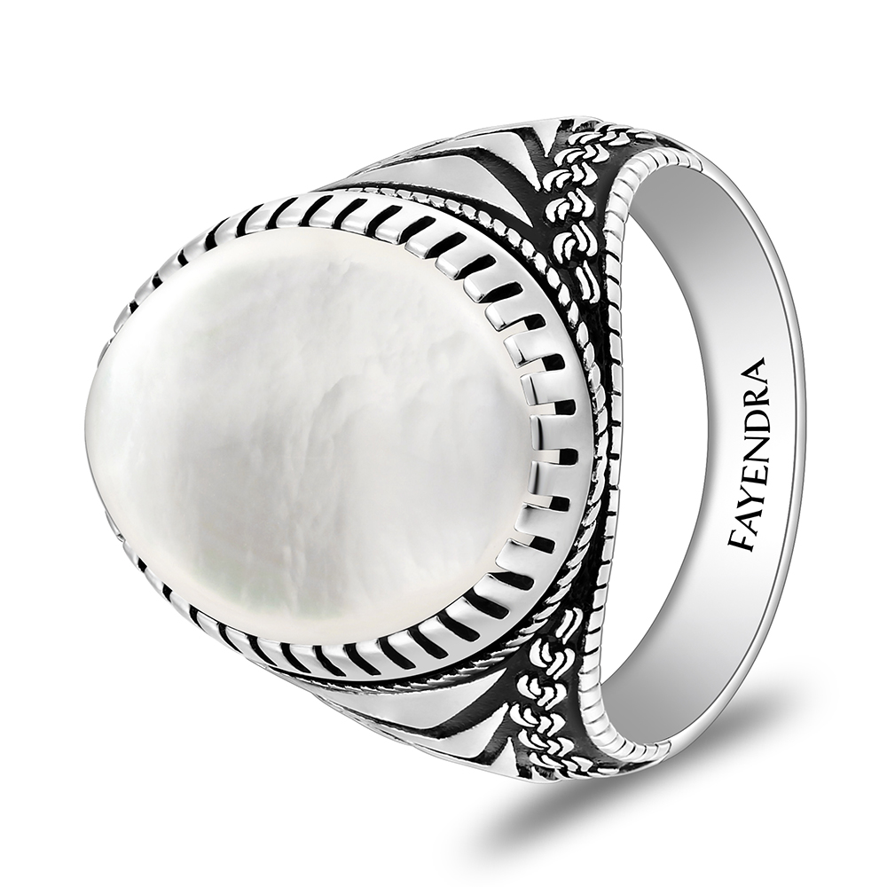 Sterling Silver 925 Ring Rhodium And Black Plated Embedded With White Shell Cabochon For Men