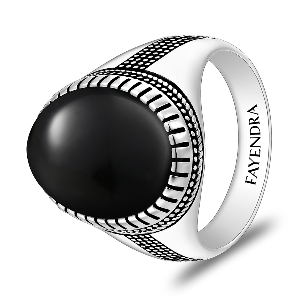 Sterling Silver 925 Ring Rhodium And Black Plated Embedded With Natural Black Agate Cabochon For Men