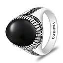 Sterling Silver 925 Ring Rhodium And Black Plated Embedded With Natural Black Agate Cabochon For Men